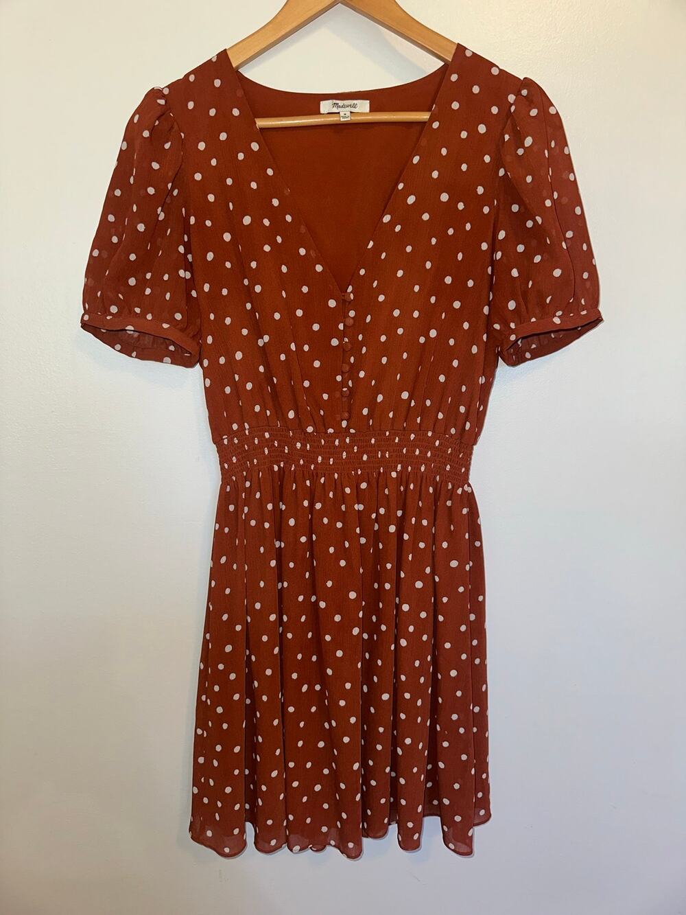 Madewell Smocked Waist Mini Dress Inkspot Dots Burnt Clay Polka Dot